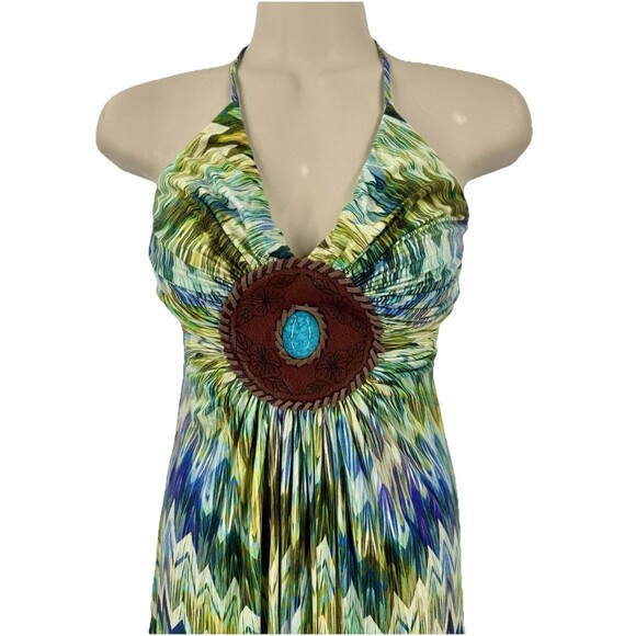 Sky Brand VTG Y2K Maxi Halter Dress Colorful Chevron   Boho Festival Hippie XS - Picture 3 of 7